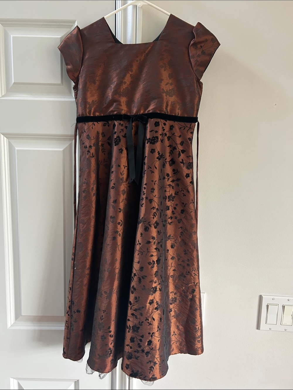 Girls' Copper Brown Floral Satin Formal Dress with Black Velvet Bow